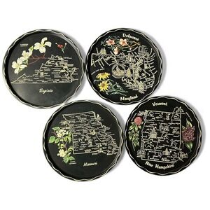 4 pc Lot Vintage State Souvenir Plates Set Metal Tray Wall Art ME, VA, MD, VT/NH